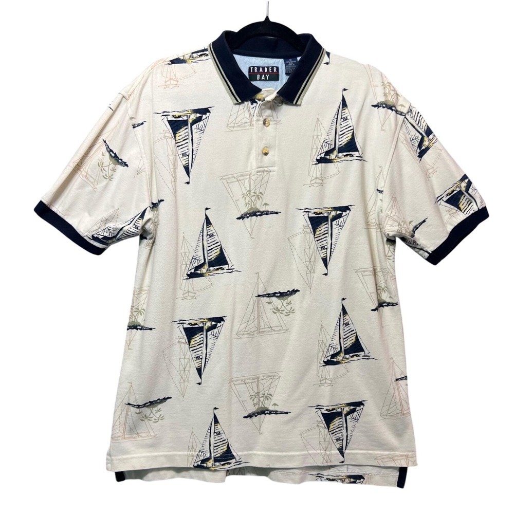 Vintage 90s Trader Bay Nautical Sailboat Print‎ Polo Shirt Beige Blue Size M
